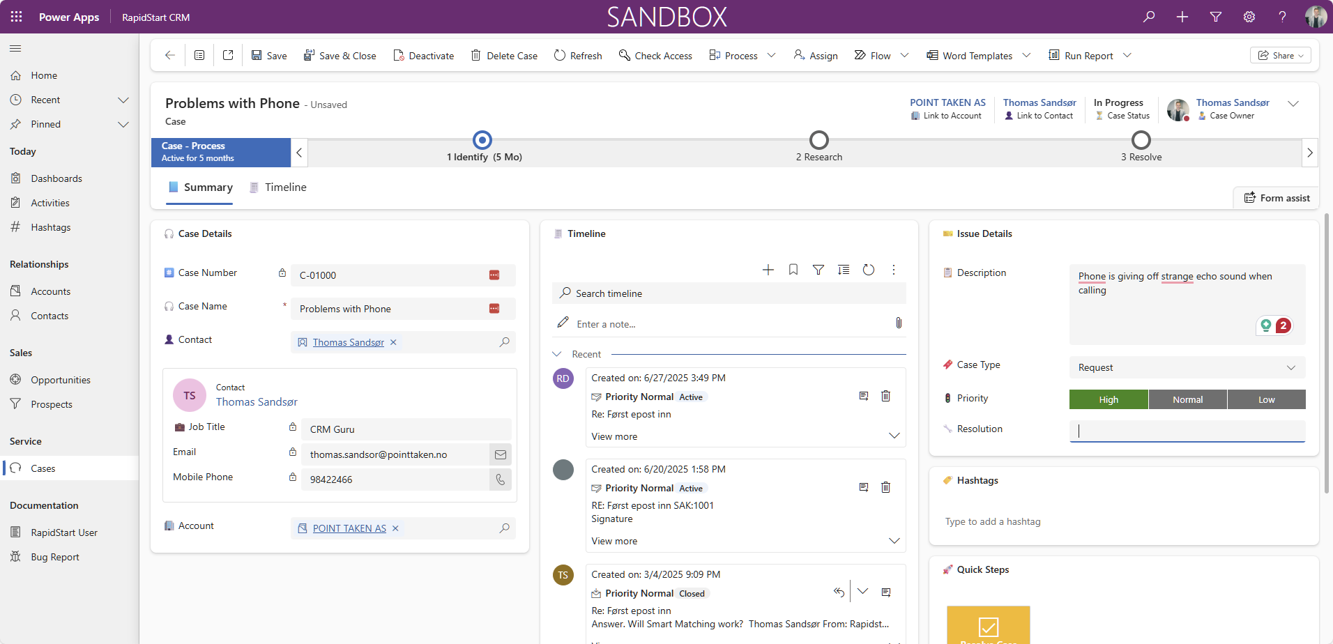 Saksoversikt for kundeservice i Sales & Service-modulen